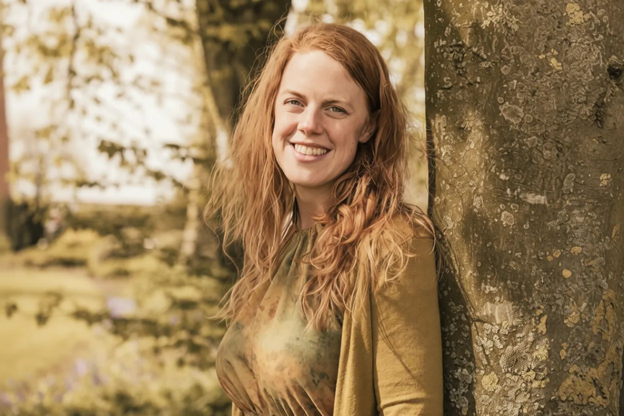 Evelien leunt glimlachend tegen een boom in warm licht.